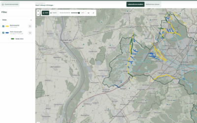 Screenshot der Anwendung „FIMa – die Fließgewässer Management Anwendung“ für die Stadt Freiburg im Breisgau. Eine Karte zeigt Fließgewässer mit farblich markierten Abschnitten: gelb für Bachmuschel, blau für Helm-Azurjungfer und grün für Bereiche, in denen beide Arten vorkommen. Links befindet sich ein Filterbereich mit auswählbaren Arten.